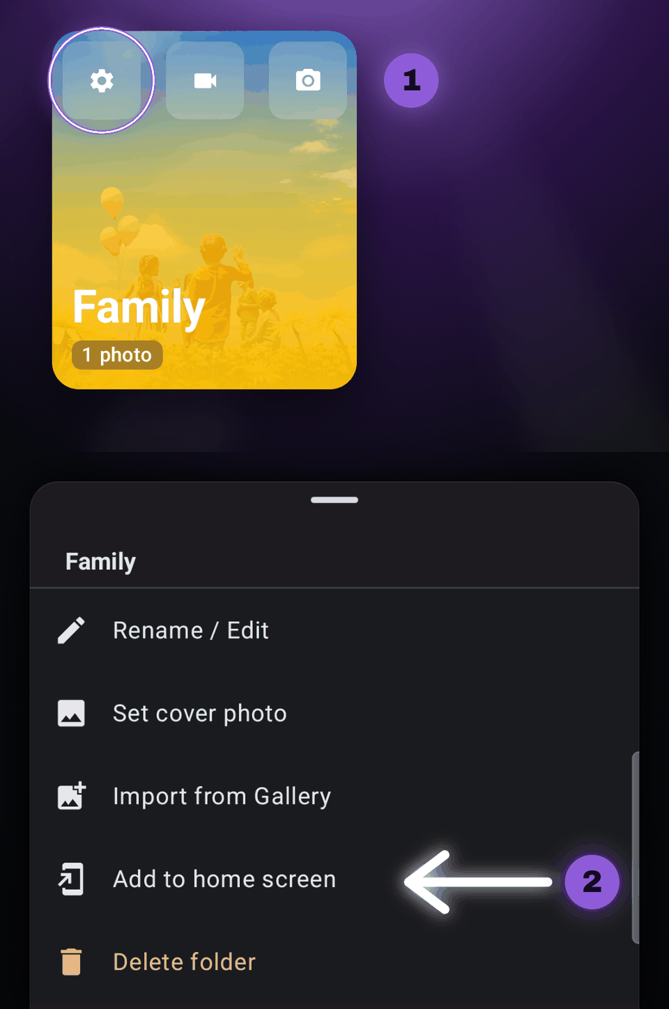 The folder menu for Family in CamNest, with the gear button and the Add to home screen option highlighted.