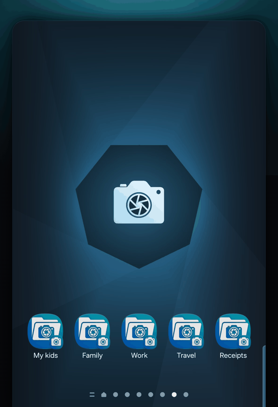 A row of CamNest folder icons named My Kids, Family, Work, Travel and Receipts on an Android home screen.