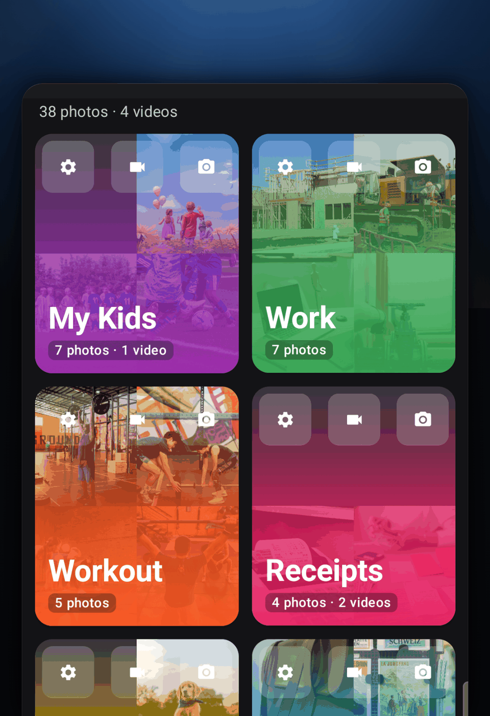 CamNest home screen: a grid of colored camera folders named My Kids, Work, Workout and Receipts, each with its photo count.