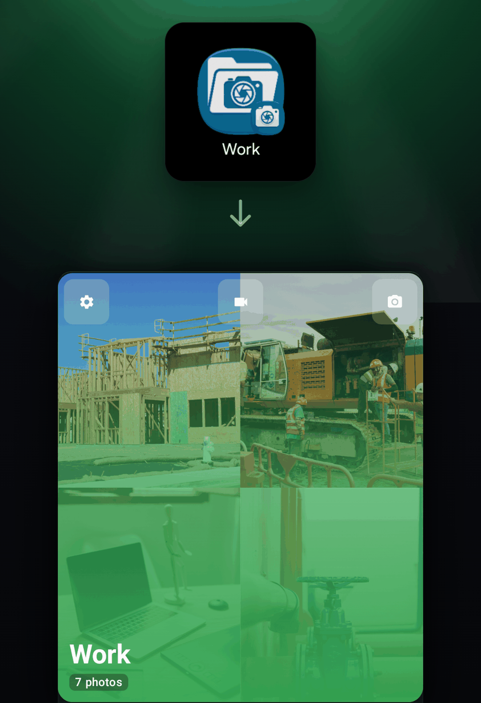 A home screen shortcut called Work, and below it the Work folder in CamNest holding the photo that was just taken.